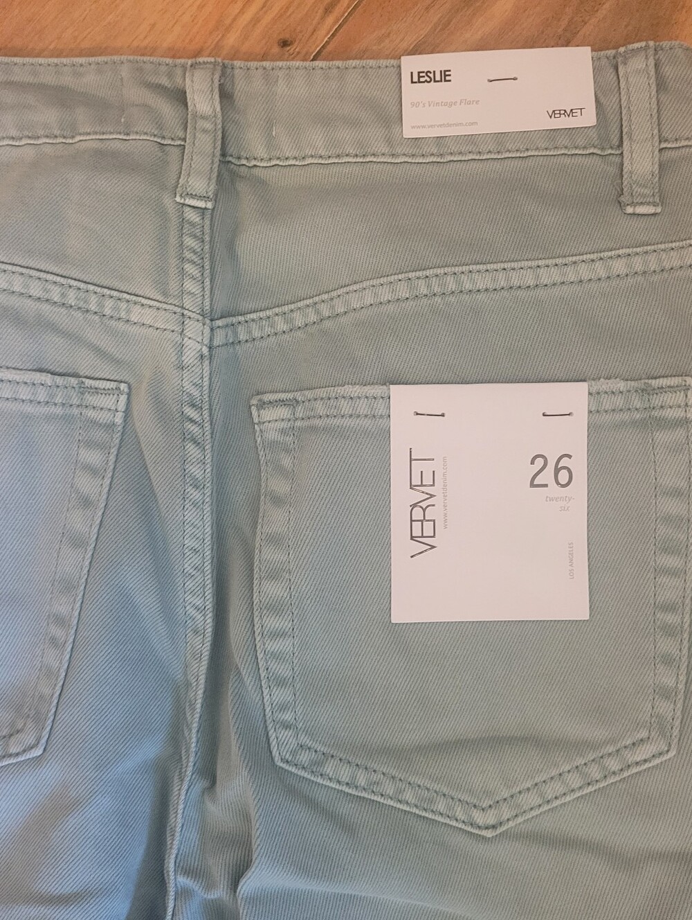 VERVET Leslie 90's Vintage Flare Sage/Teal Denim Jeans, NWT, Sz 26, Distressed - Picture 7 of 8